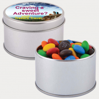 M&Ms in Silver Round Tin